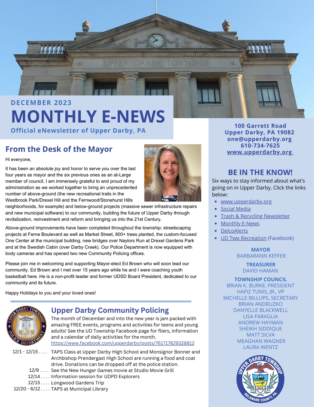 Upper Darby Pennsylvania December 2023 eNews